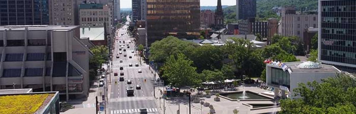 Aerial view of Main Street infront of City hall and looking towards Stoney Creek