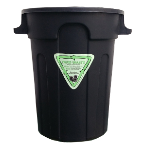 Photo of a black garbage bin used for yard waste, with a yard waste sticker on the front.