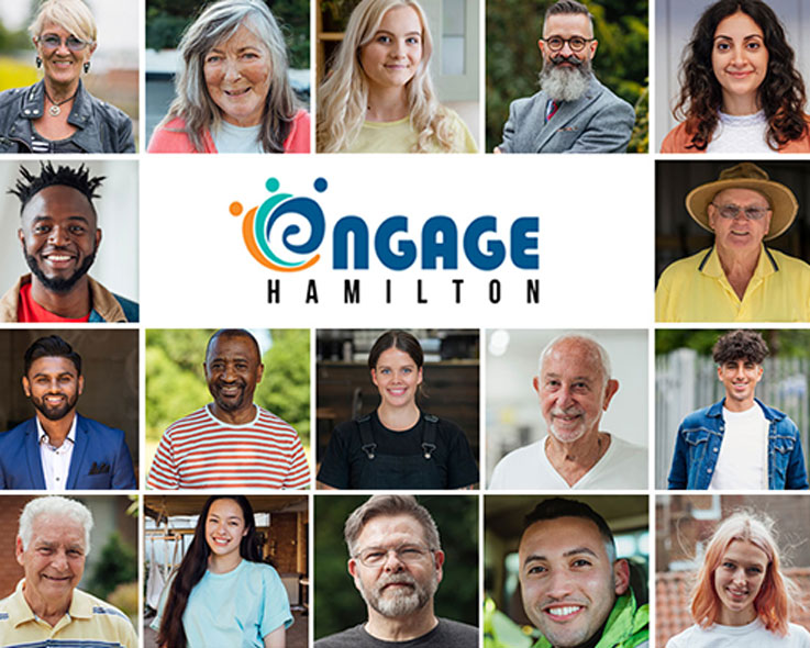 mosaic of people of  different ages, genders, ethnicity with Engage Hamilton logo
