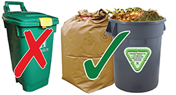 green bin with a red x over it, garbage can and yard waste bag with green check mark over it