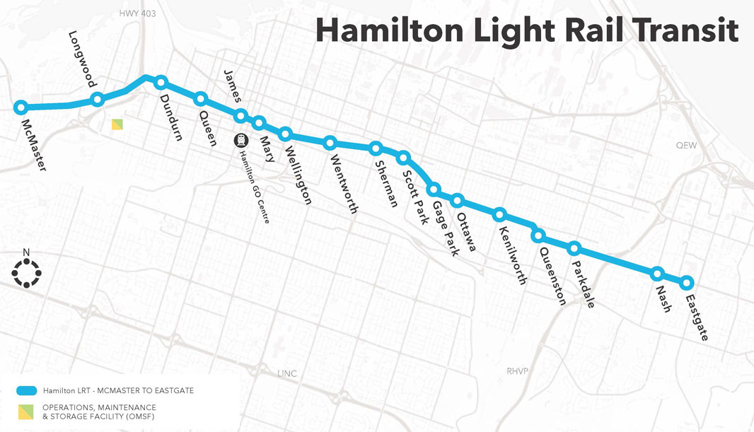Map for Hamilton Light Rail Transit Route