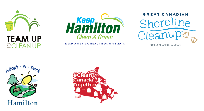 Team up to clean up partner logos - Team up to Clean up, Keep Hamilton Clean & Green, Great Canadian Shoreline Cleanup, Adopt-a-Park, #CleanCanadaTogether