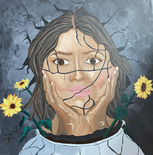 painting of a face with cracks and sunflowers