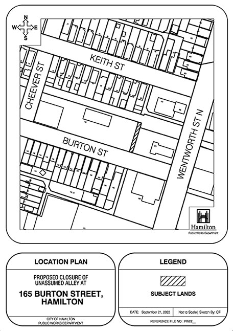 Location map for unassumed alley abutting 165 Burton Street, Hamilton