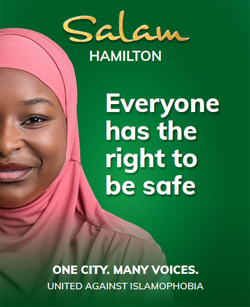 image of a muslim woman in a pink headscarf with the text "Everyone has the right to be safe"