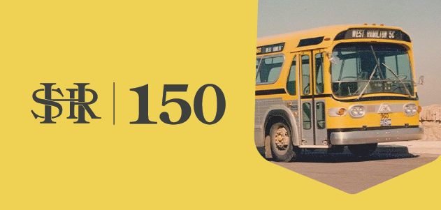 HSR 150 logo and vintage bus on yellow background