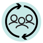 Three people within circle of moving arrows in same direction for adapting along the way principle