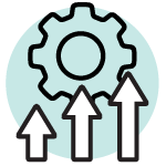 Three arrows pointing up towards gear for continuously improving principle