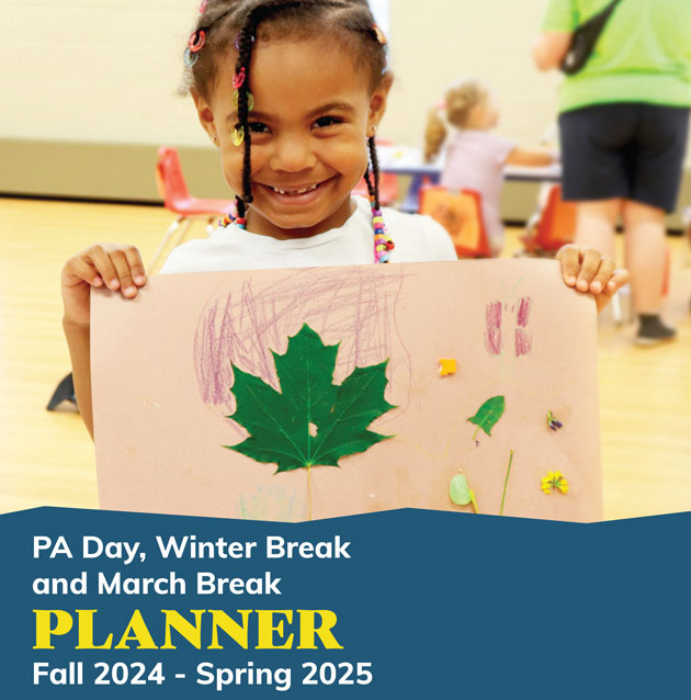 Camp Kidaca PA Day, Winter Break and March Break Planner: Fall 2024 to Winter 2025. Girl smiling at camera and holding up her artwork.