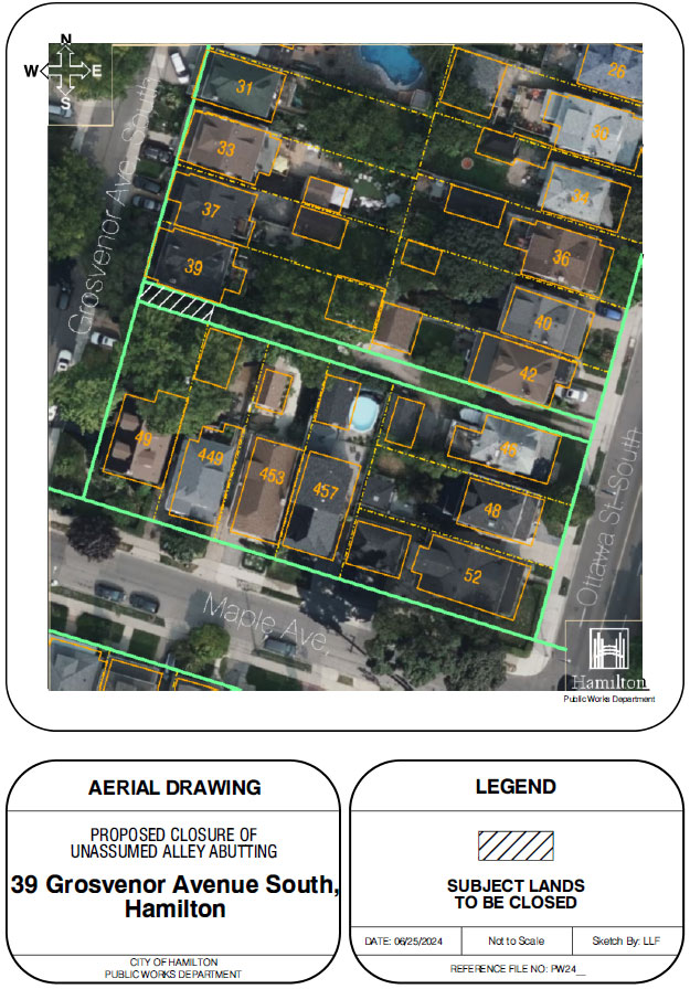 Aerial drawing of proposed closure of unassumed alley abutting 39 Grosvenor Ave. S. Hamilton.