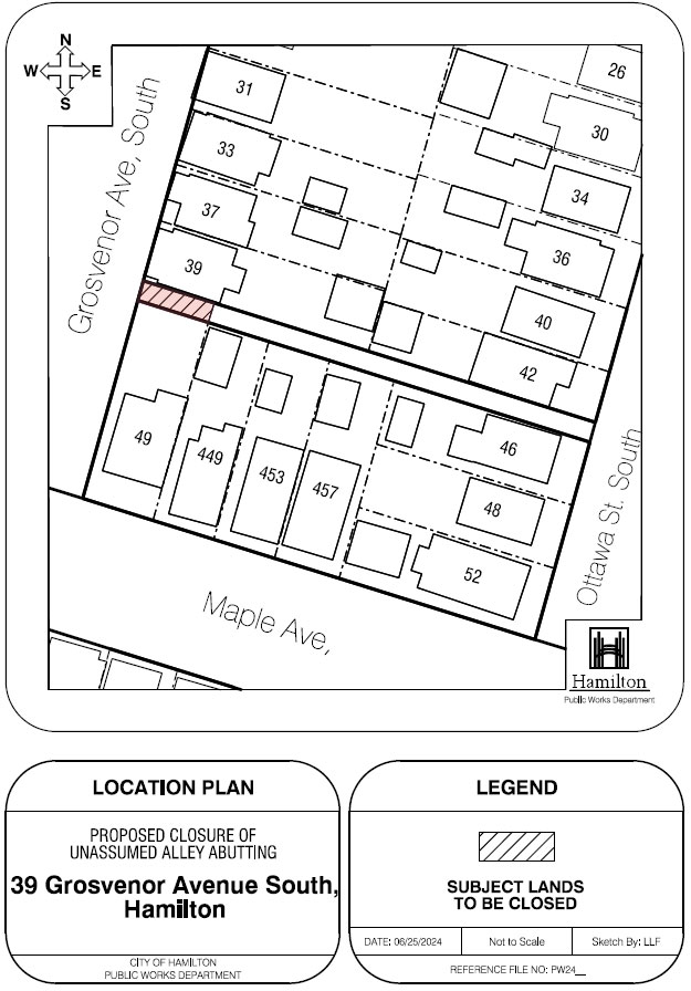 Location plan of proposed closire of unassumed alley abutting 39 Grosvenor Ave. S. Hamilton