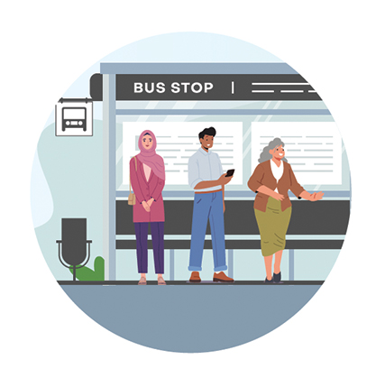 Illustration of 3 people at a bus stop