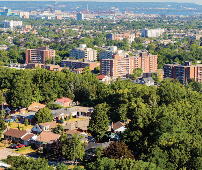 Aerial view of Hamilton apartment buildings and houses, neighbourhood