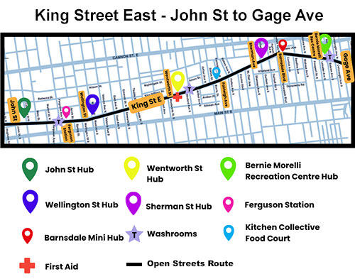 Map of Open Streets Route on King Street East from John St to gage Ave for June 23, 2024 