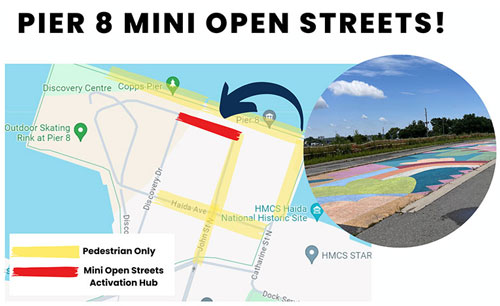 Map showing location of event that will take place at Pier 8. John St N at Haida ave are highlighted, as is the area of Pier 8 right on the waterfront near Copps Pier.