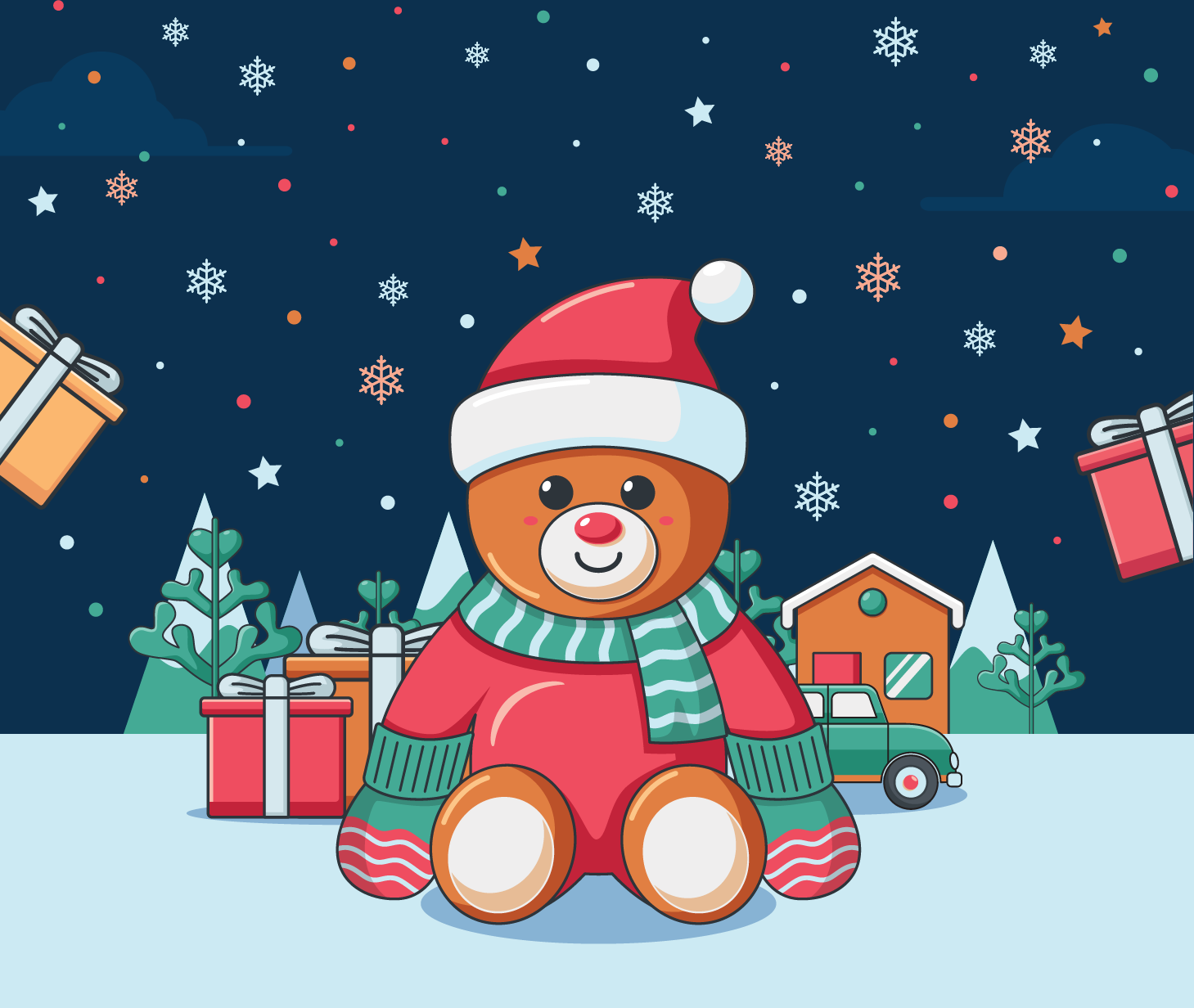 Cartoon teddy bear wearing a scarf, santa hat, sweater and mits, surrounded by Christmas presents.