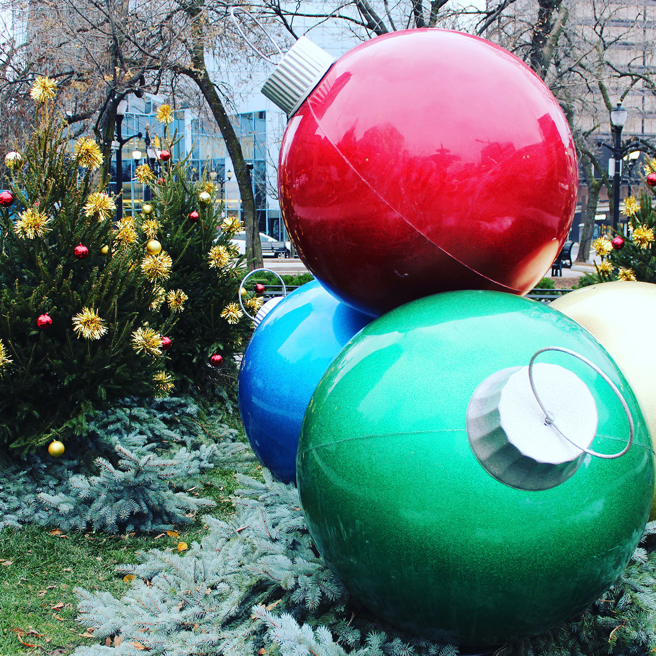 Stack of four life size ornaments in Gore Park for Christmas