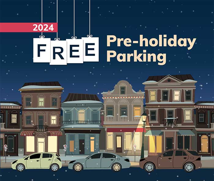 Illustration of cars parked on a street in front of stores. free pre-holiday parking