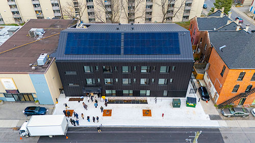 Exterior of 257 King William St. taken from above, looking down at the street and building. 