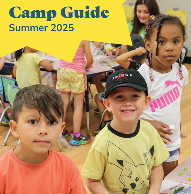 Camp Guide Summer 2025. 3 children in t-shirts looking at the camera.