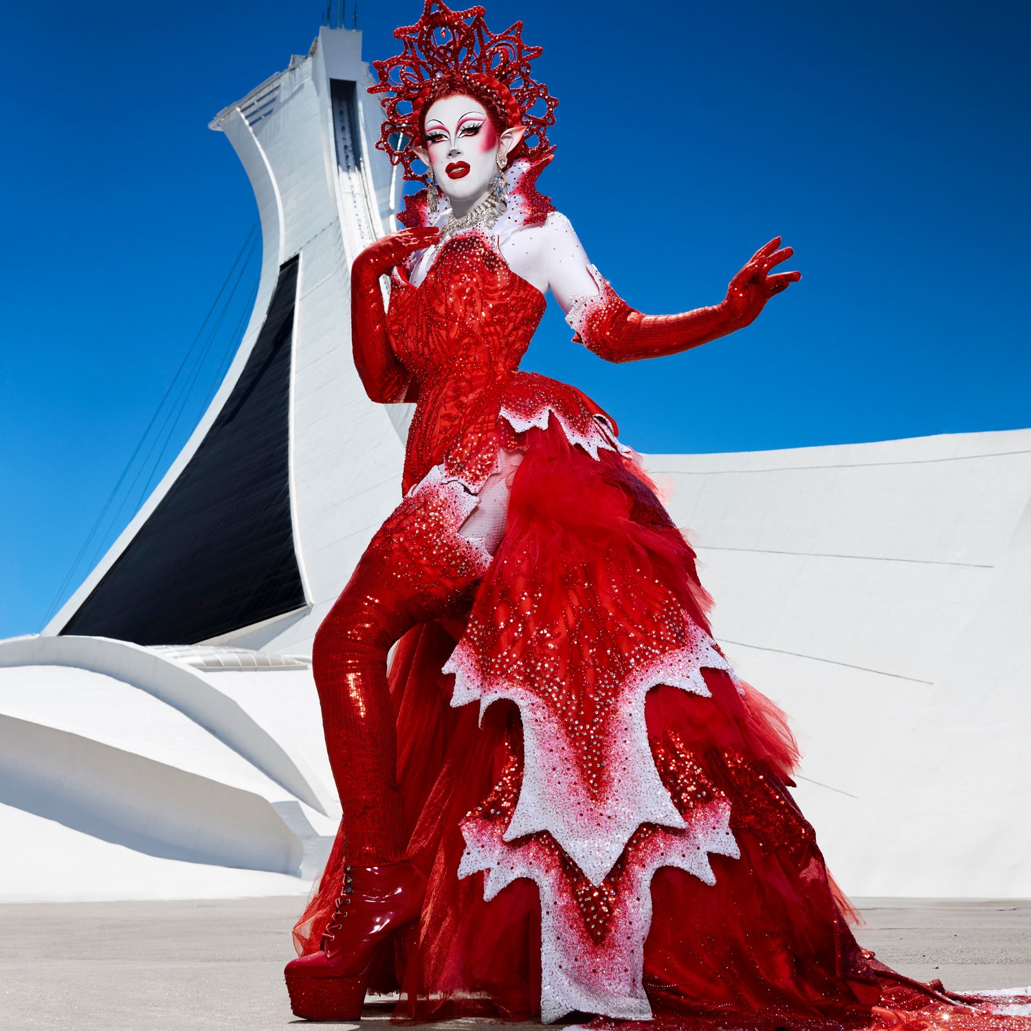 Hamilton Winter fest - Drag performer in an elaborate red and white ballgown and make up during a Frost Queens performace