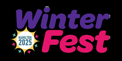 Hamilton 2025 Winter Fest colour logo - pink and purple text on black background