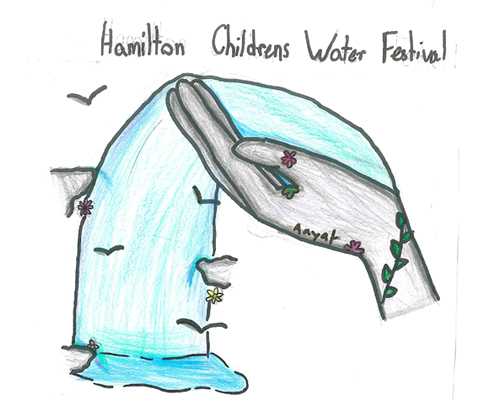 Drawing of a waterfall flowing into a hand. Hamilton Children's Water Festival written above the waterfall.