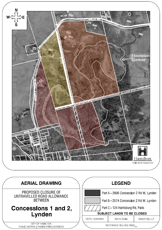 Aerial map for untravelled road allowance between Concessions 1 & 2, Lynden