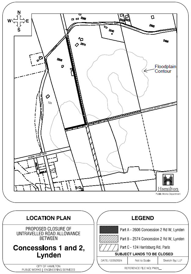 Location map for untravelled road allowance between Concessions 1 & 2, Lynden