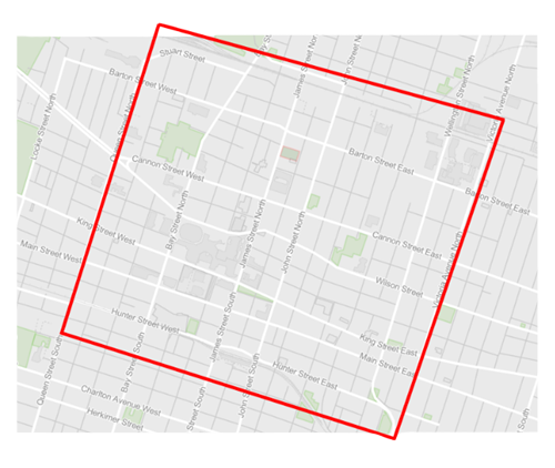 map with red border outlining designated area of Victoria Ave to the east, Queen St to the west, Young/Duke to the south, and Strachan to the north.