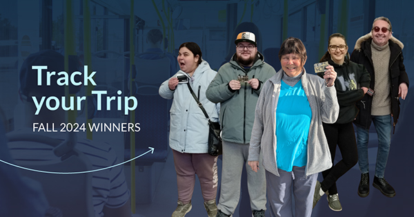 Track Your Trip: Fall 2024 Winners. 5 smiling people holding up Presto cards