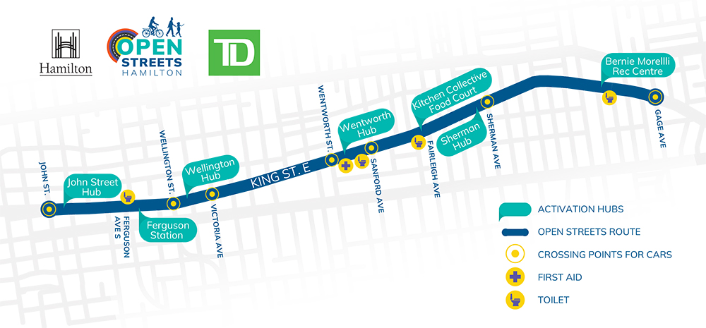 Map showing the Open Streets 2025 route along King St from John St to Gage, with activation hubs labelled
