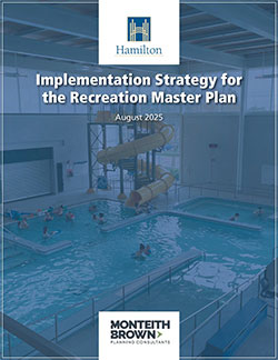 Cover image showing indoor swimming pool behind a graident. Text: Implement Strategy for the Recreation Master Plan, August 2025