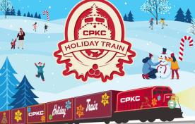 Illustration of a train with holiday decorated cars and snowflakes