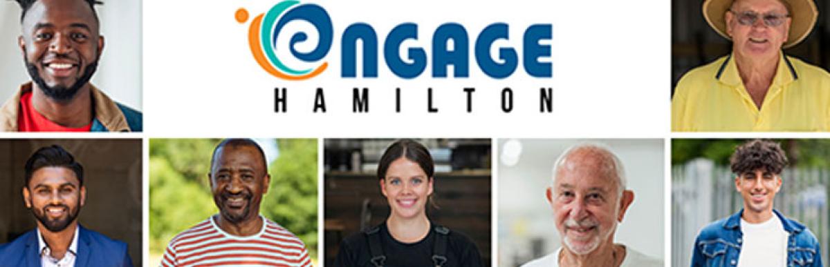 mosaic of people of  different ages, genders, ethnicity with Engage Hamilton logo