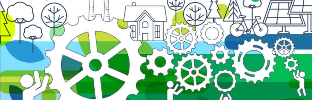 Illustration of trees, solar panels, people and gears, climate change action plan concept