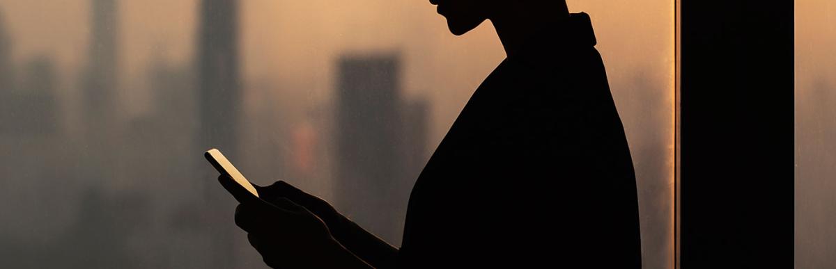 Silhouette of young woman using smartphone next to window with cityscape.