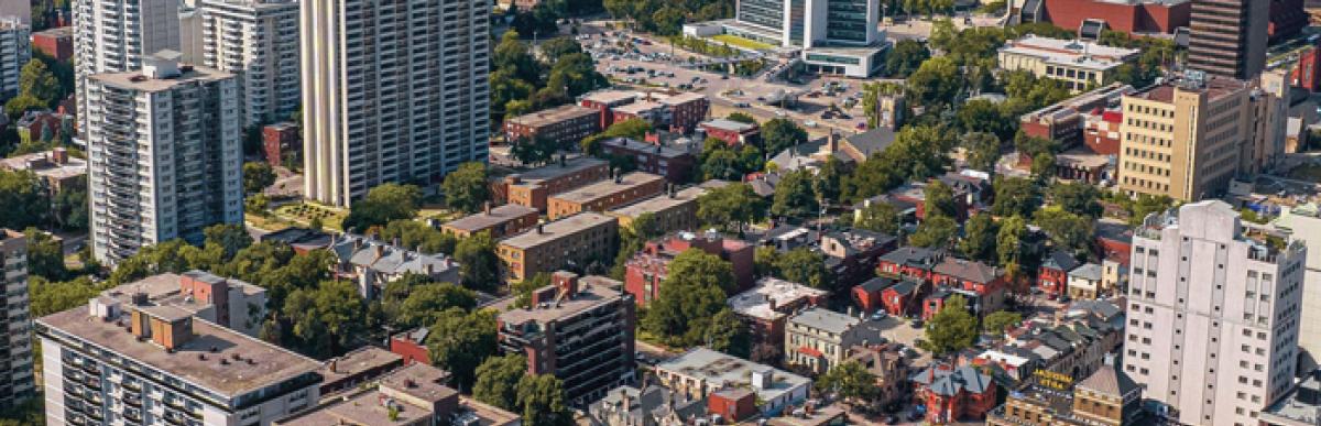 Aerial view of Downtown Hamilton houses and apartment buildings