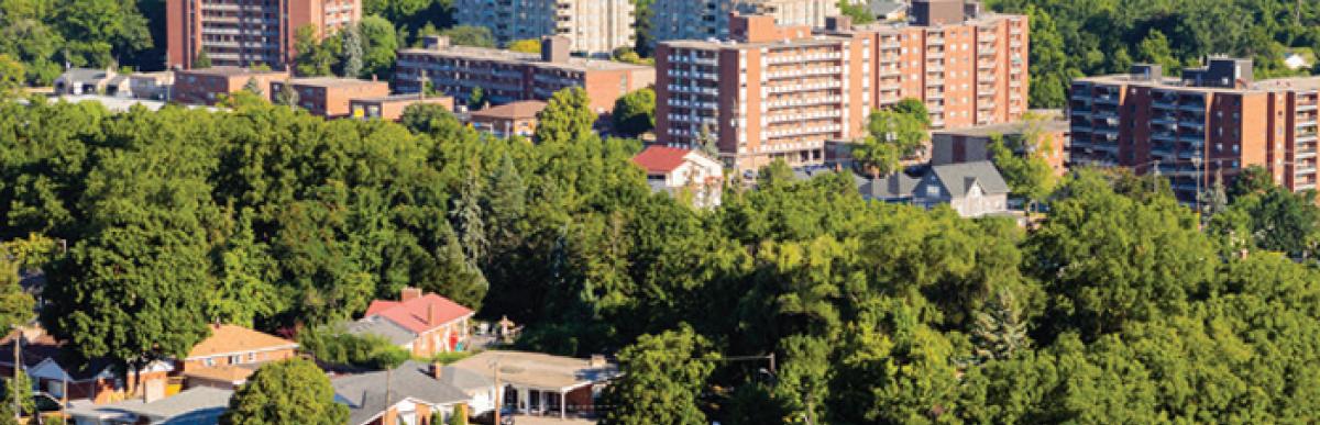 Aerial view of Hamilton apartment buildings and houses, neighbourhood