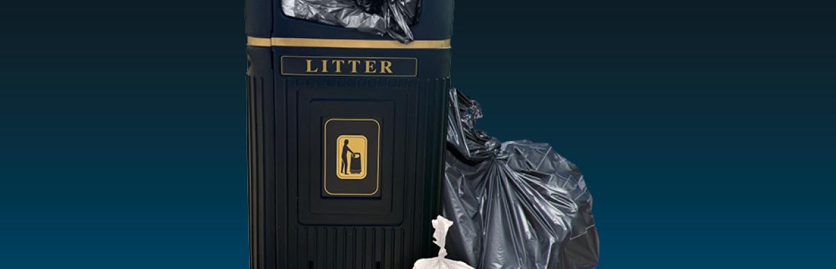 image of trash bin with garbage bags sitting next to it