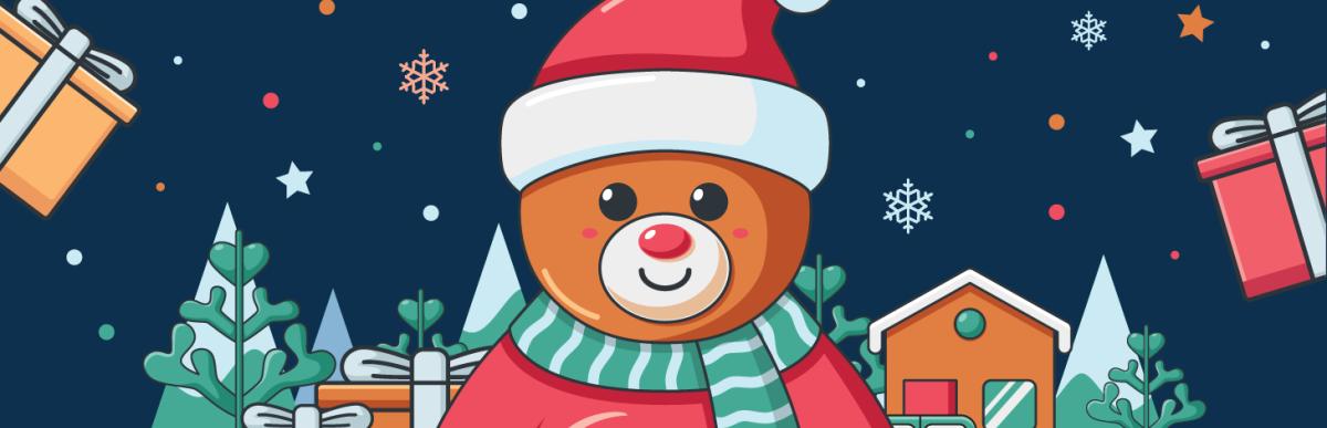 Cartoon teddy bear wearing a scarf, santa hat, sweater and mits, surrounded by Christmas presents.