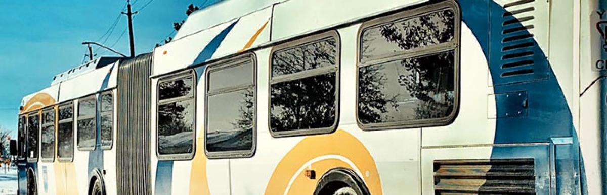 exterior of HSR bus in winter amongst snow