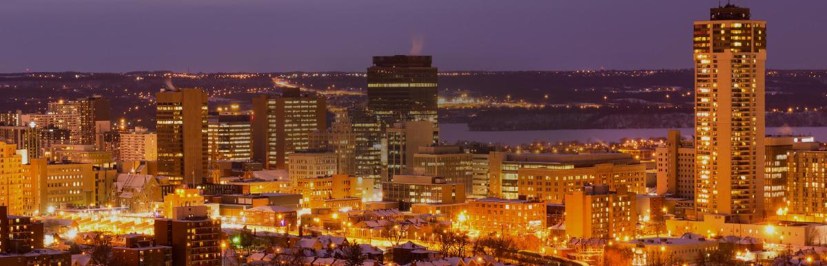 Downtown Hamilton skyline in winter at night