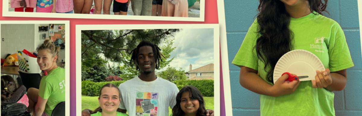 Photos of various young people wearing lime green City of Hamilton recreation summer student t-shirts