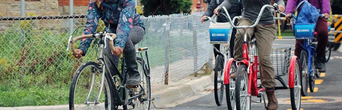 A group of people cycling in bike lane in Hamilton