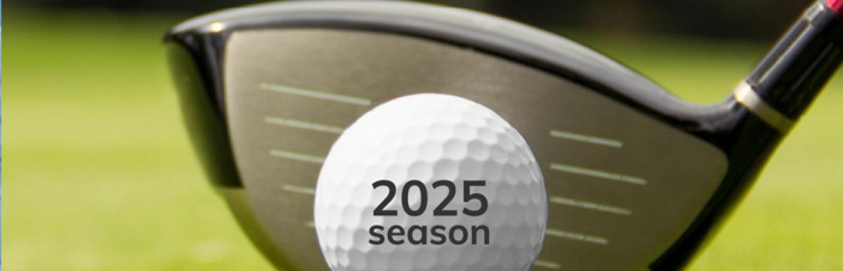 Close up of a golfball on a tee with a golf club behind it. 2025 Season.