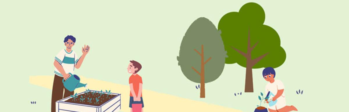 Drawing of an adult and a child watering and caring for a raised garden bed with plants in it.