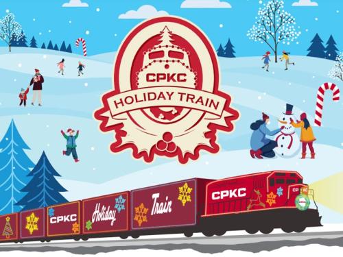 Illustration of a train with holiday decorated cars and snowflakes