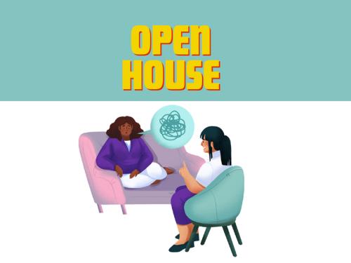Tetx: open house. Beneath that is a cartoon of two people chatting, one on a couch, one on a chair.