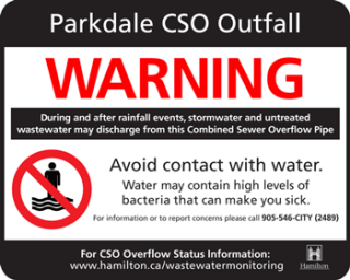 CSO outfall sign with red warning text